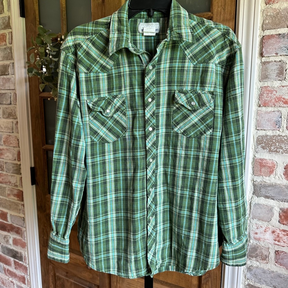 Wrangler Western Shirt Men XL Green Plaid Pearl Snap Long Sleeve Cotton Pocket